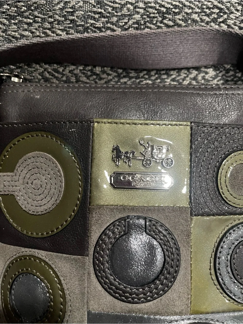Coach Rare Mia Inlaid Leather & Sued Patchwork Messenger Bag in Olive and Gray